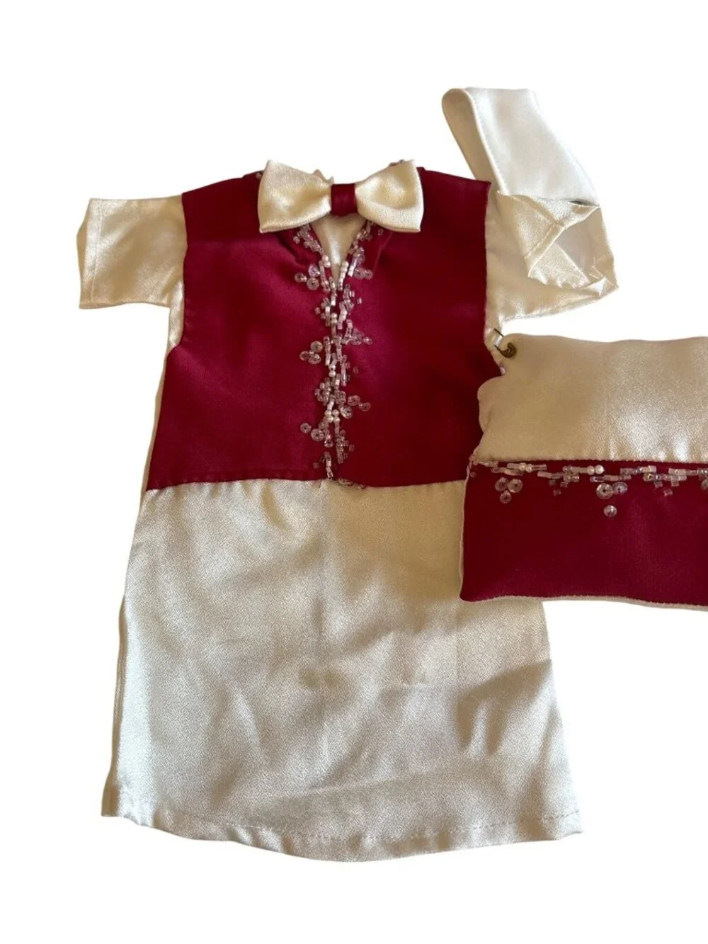 Elegant Red & Ivory Doll Wedding Dress Set With Beaded Details & Accessories